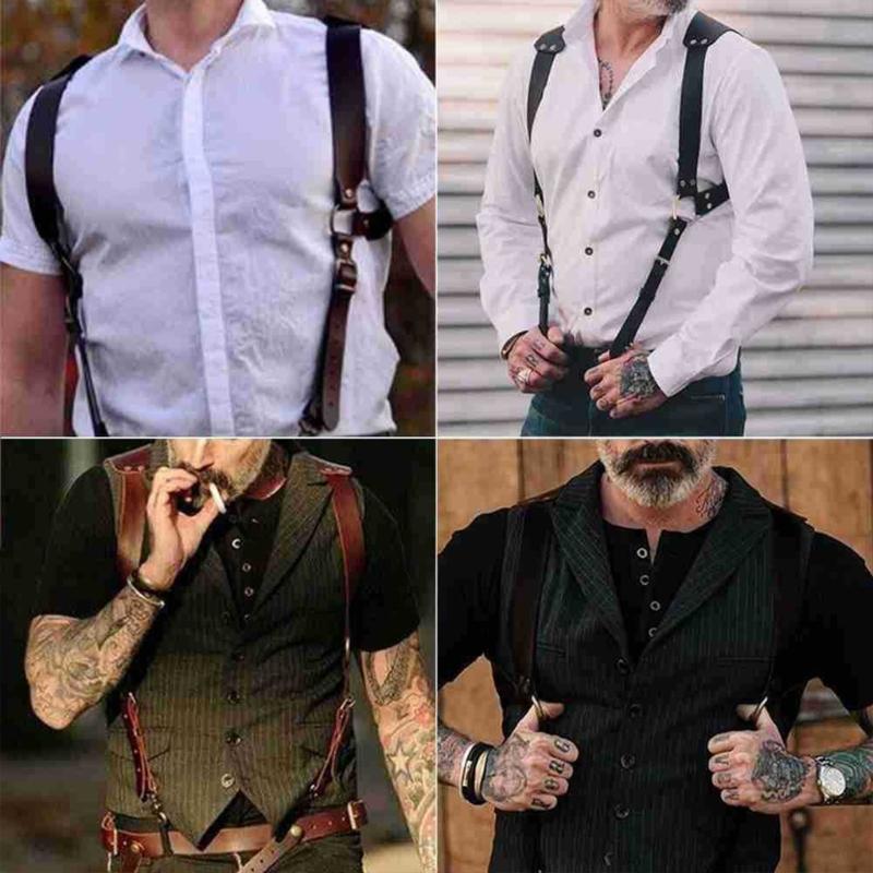 PU Leathers Suspenders for Men, Vintage Men Harness Punk Apparels Strap Chest Shoulder Belt Accessories