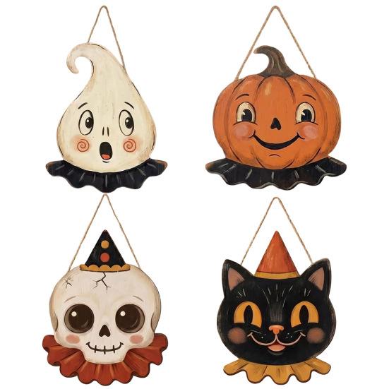 Rustic Wood Skull Decor Halloween Wooden Hanging Pendant with Lanyard, Retro Ghost/Pumpkin/Skull/Black Cat Holiday Yard Accents Decorations for Front