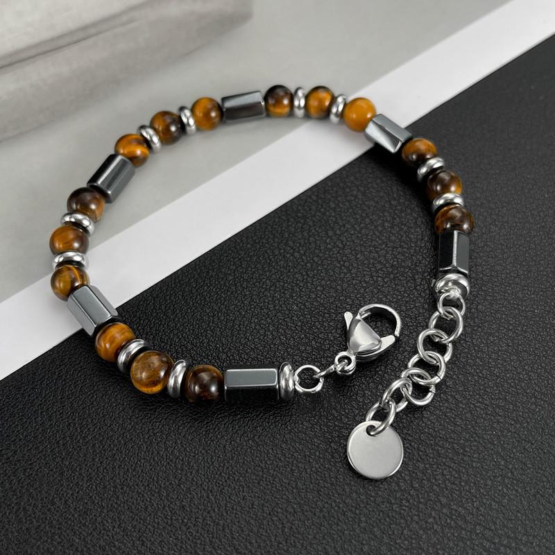 Stainless Steel Adjustable Chain Link Wristband Tiger Eye Bead Bracelet for Men Women Gift