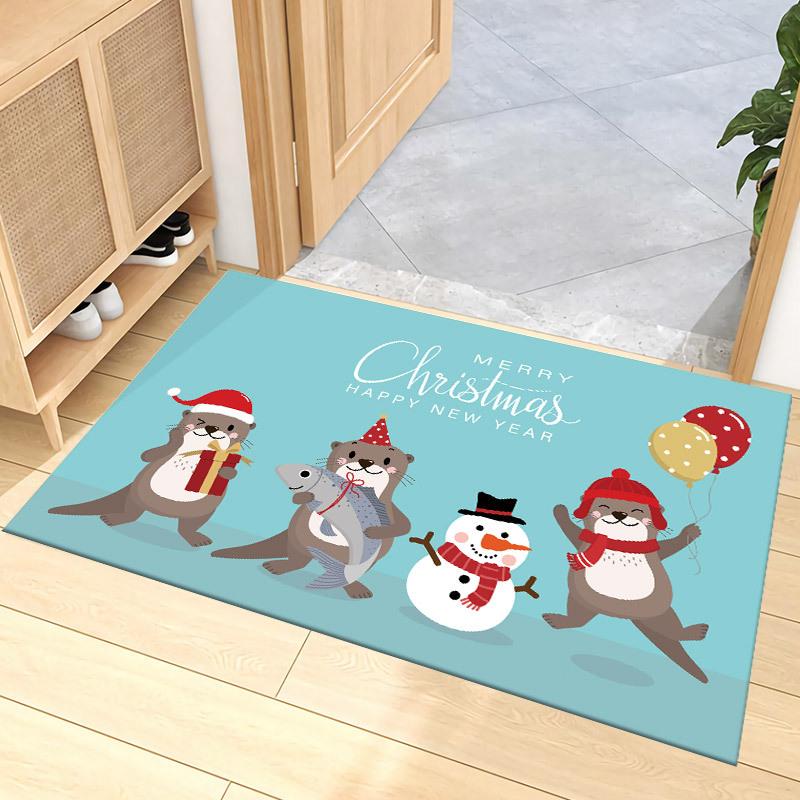 Christmas Santa Reindeer Carpet Mat Rug Snowman Home Decoration Entryway Floor Mat with Merry Christmas Happy New Year Greeting