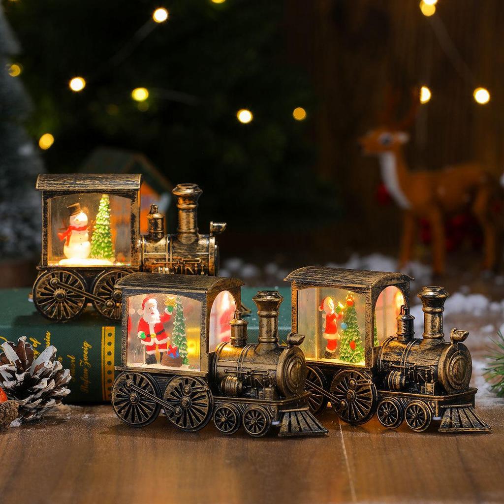 Creative Gold-Brushed Christmas Locomotive Ornament with Luminous Water-Filled PVC Night Light