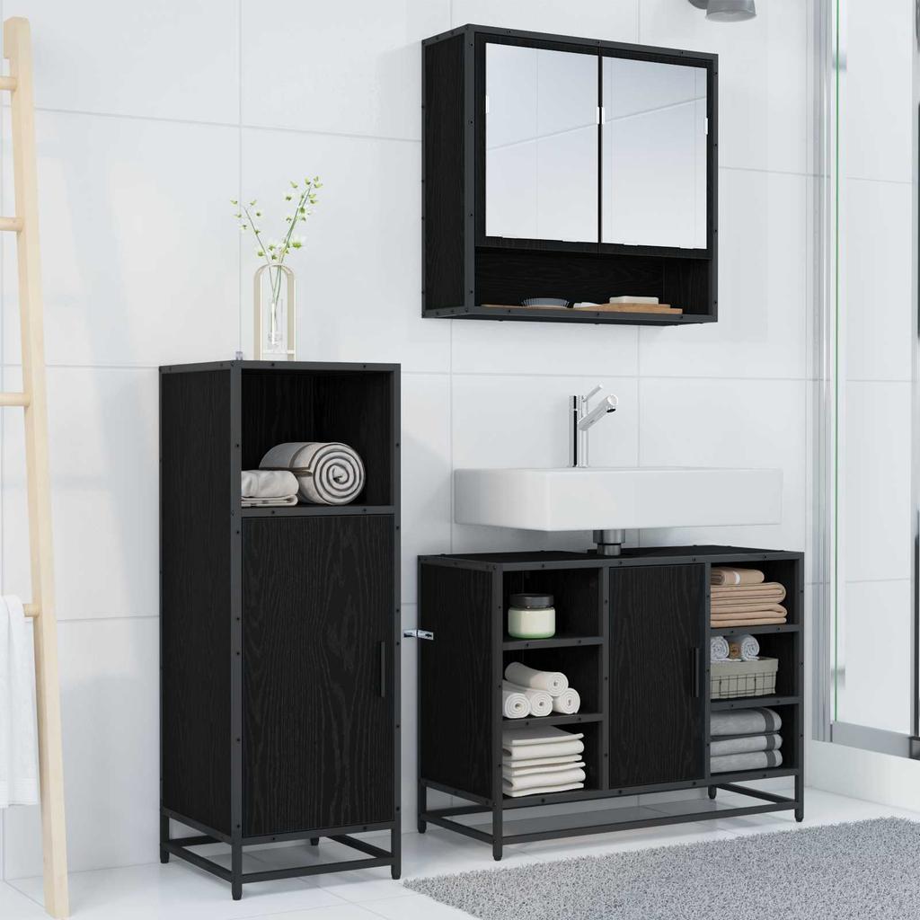 Bathroom Furniture Set 3 Pcs Black Oak Effect Wood Based Panel