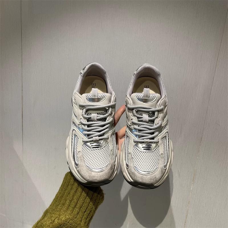 Silver Heightening Platform Shoes Women's 2025 Spring Retro Lightweight Breathable Casual Sports Low-top Dad Shoes Trendy and Versatile