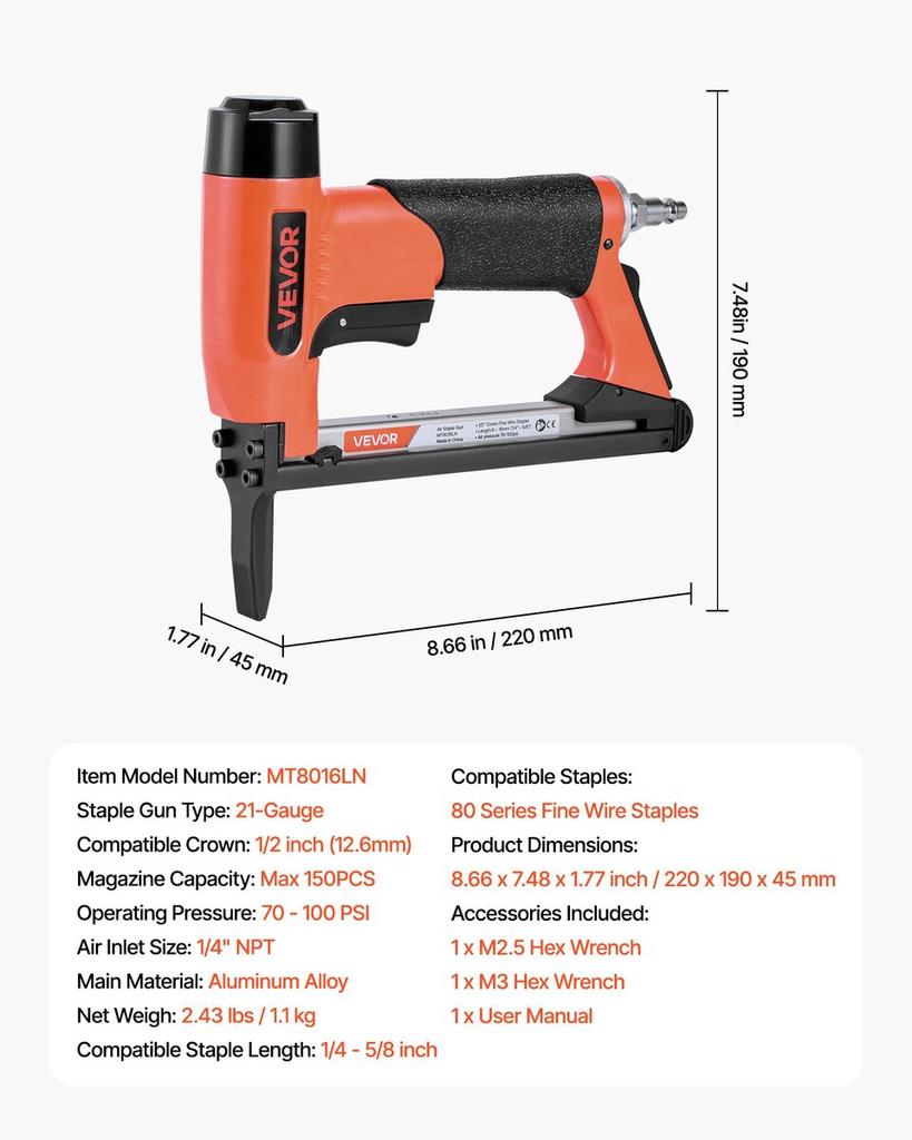 Pneumatic Staple Gun, 21 Gauge Long-Nose Upholstery Stapler for 80 Series Fine Wire Staples 12.8mm Crown 6mm-16mm Length, Max 150PCS Loading Air