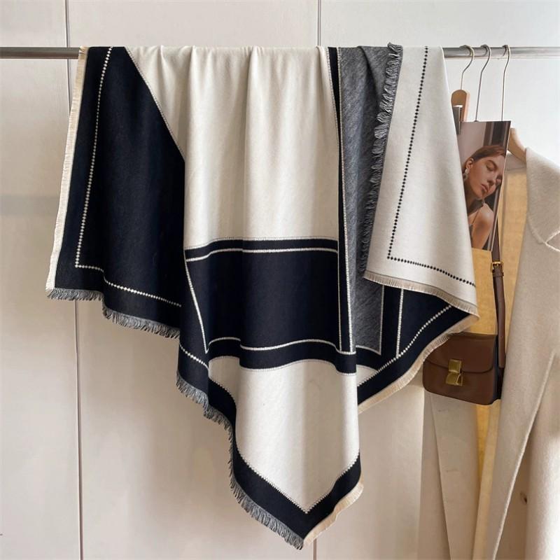 Warm Thick Wool-Blend Scarf With Tassels Soft Faux Cashmere Square Shawl Women Winter Office Daily Wear