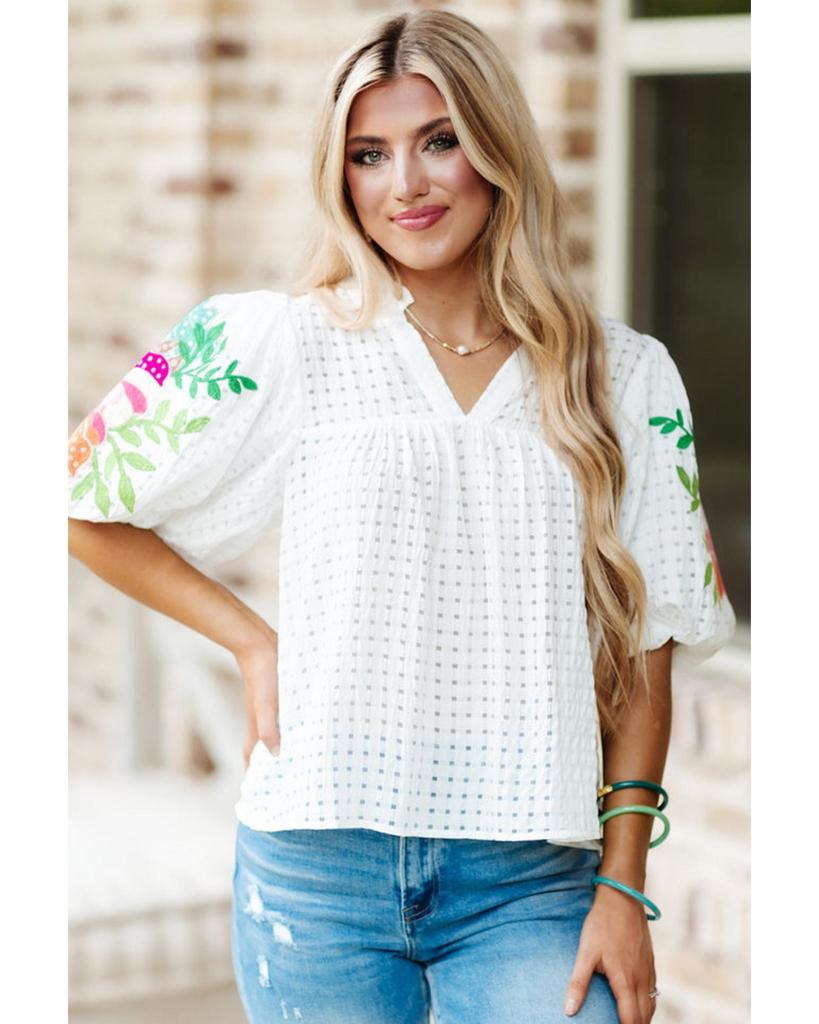 Azura Exchange White Floral Embroidered Puff Sleeve Notched Neck Blouse