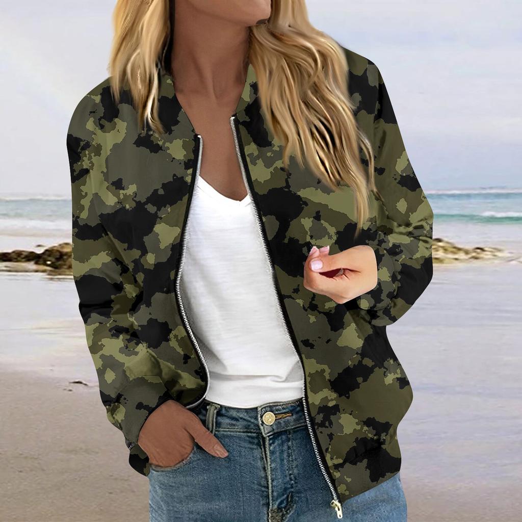 Damen Langarm Reißverschluss Camouflage Print Jacke Lässige Steppjacke mit Taschen