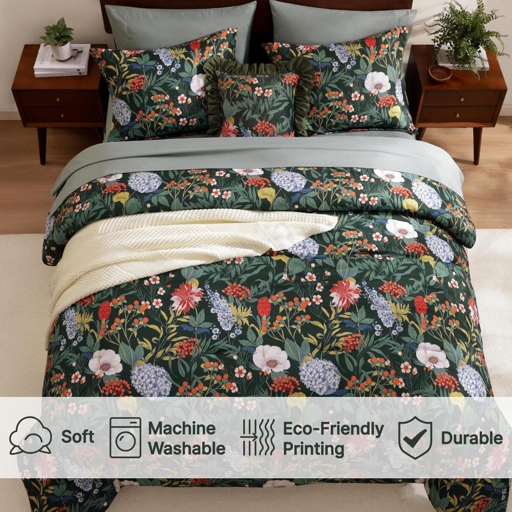 Green Botanical Floral King Comforter Set - 7-Piece Bedding Ensemble with Flower Print for King Bed
