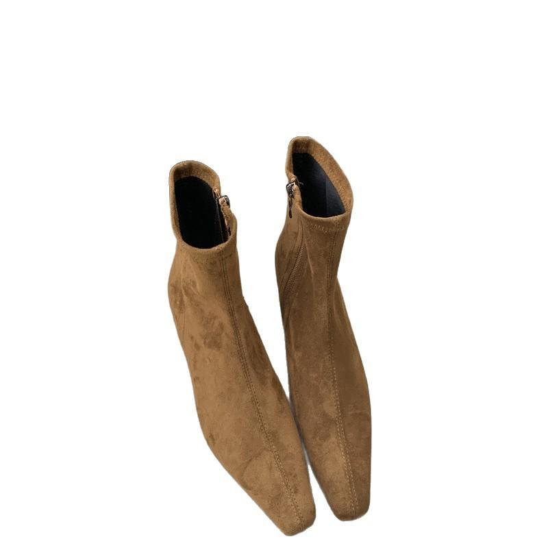 High-heeled pointed-toed temperament suede short boots women's shoes 2025 new autumn and winter velvet thin-heeled Korean thin boots