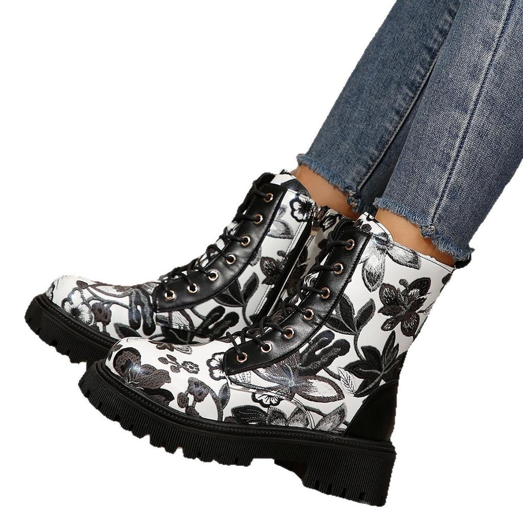 European and American printed large-size Martin boots, new non-slip thick-soled round head warm side zipper boots in autumn and winter