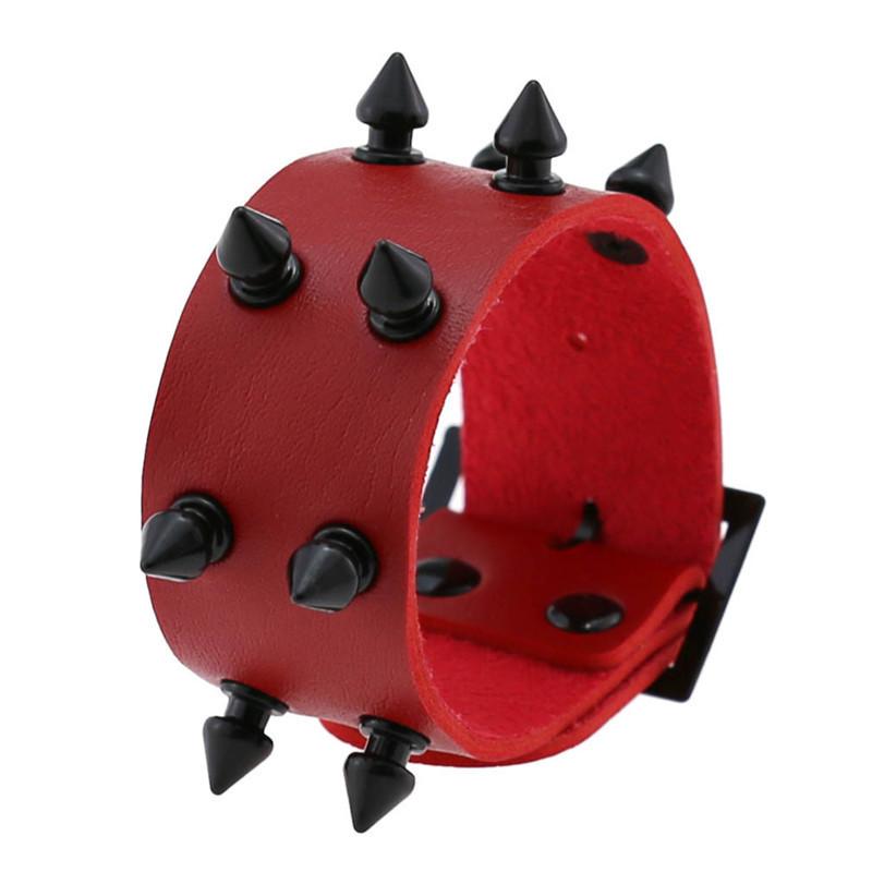 Hot Punk Gothic Rock Row Metal Stud Spikes Rivet Red PU Leather Wristband Bangles For Men Women Bracelet Unisex Jewelry