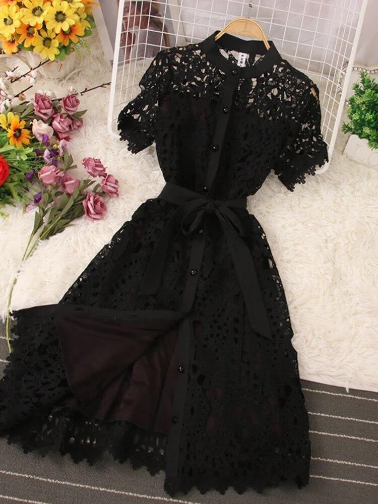 New Tide Summer French Stylish Hollow Out Lace Dress Women Elegant Solid Open Stitch Lace Up Evening Dress