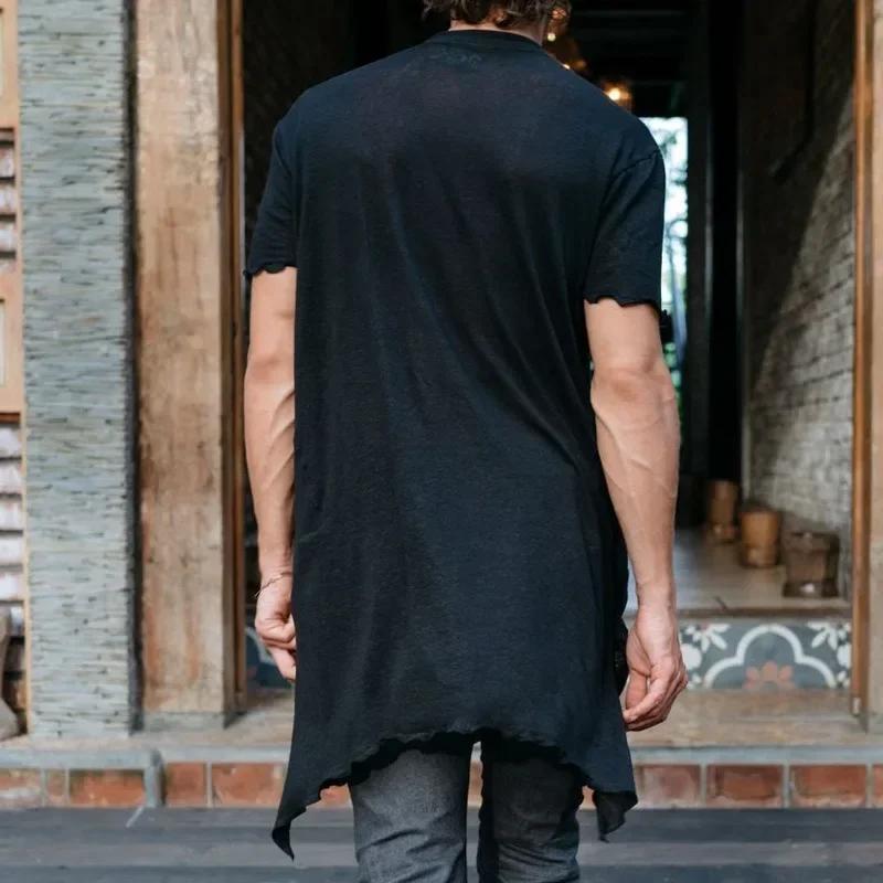 Summer T-Shirts Men Vintage Irregular Ripped Design Men's Long Casual Button O-Neck Short Sleeve Tops Streetwear Men Fashion Tees