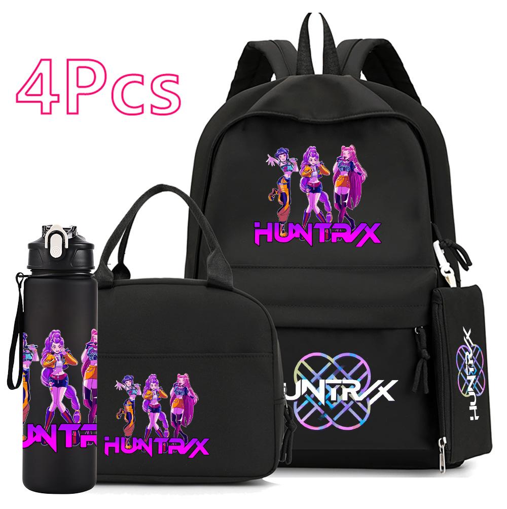 4Pcs/set Anime K-Pop Demon Hunters Printed 750Ml Water Bottler Backpack Handbag Pencil Case for Teenager Boy Girl Large Capacity Waterproof Schoolbag