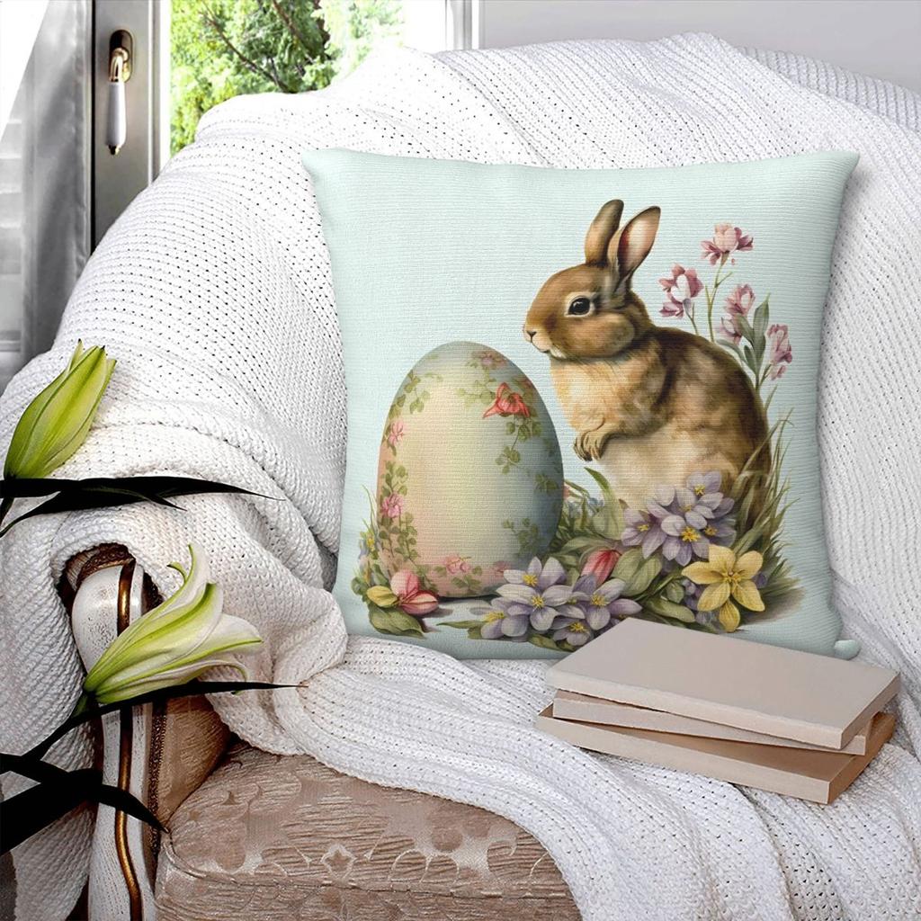 Vintage Easter Bunny And Eggs Pillow Cover Watercolor Cushion Cover Square Pillow Case Cute Pillowcases For Sofa Home Decoration