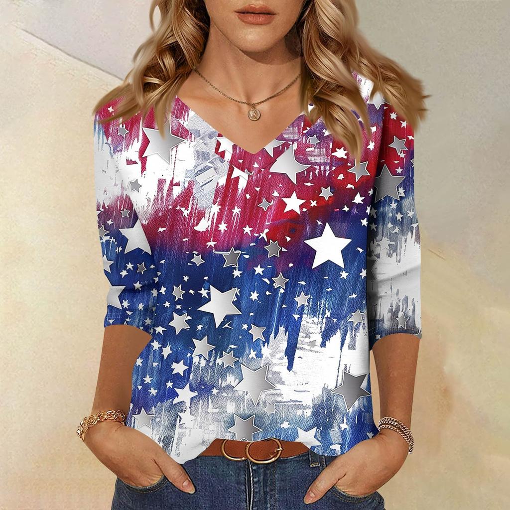 Women's Tops Three-quarter Sleeve Shirt V-neck Loose Casual Shirt Print T-shirt