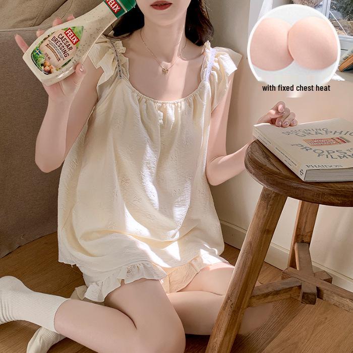 2026 Summer Women's Pajama Set: Princess Style Cloud Cotton Camisole with Built-in Bra