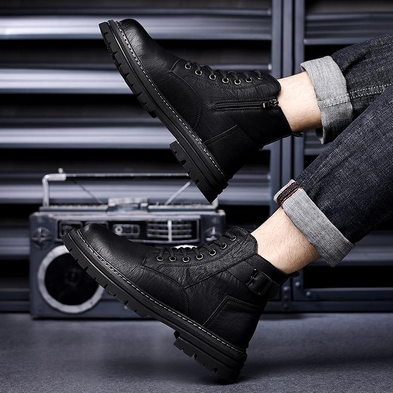 Fashion Lace Up Short Basic Boots Men Outdoor Platform High Top Sneakers High Quality Motocross Boots Leather Male New Walking Boots