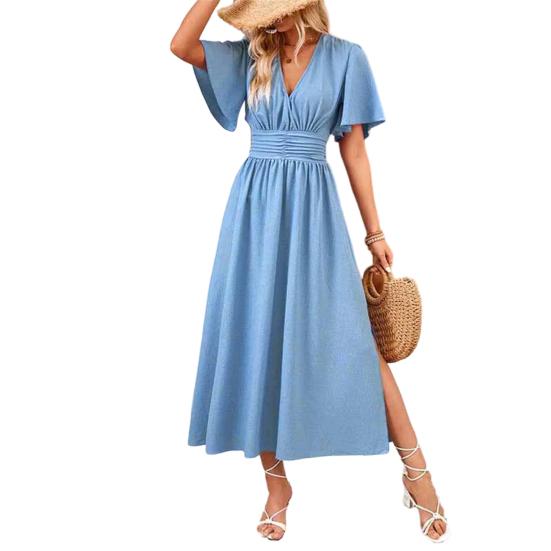 Women s Summer Dress V Neck Short Sleeve Long Dress Flowy L