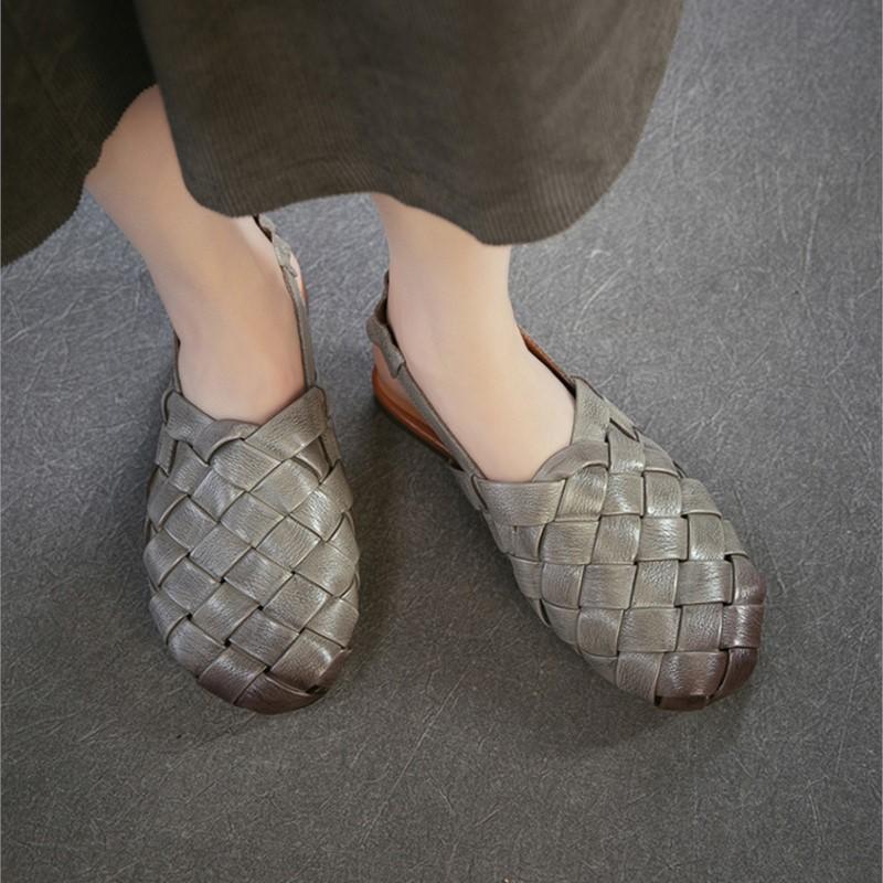 Johnature Ręcznie tkane sandały na płaskiej podeszwie z prawdziwej skóry, z okrągłym noskiem. Codzienne, wszechstronne buty damskie