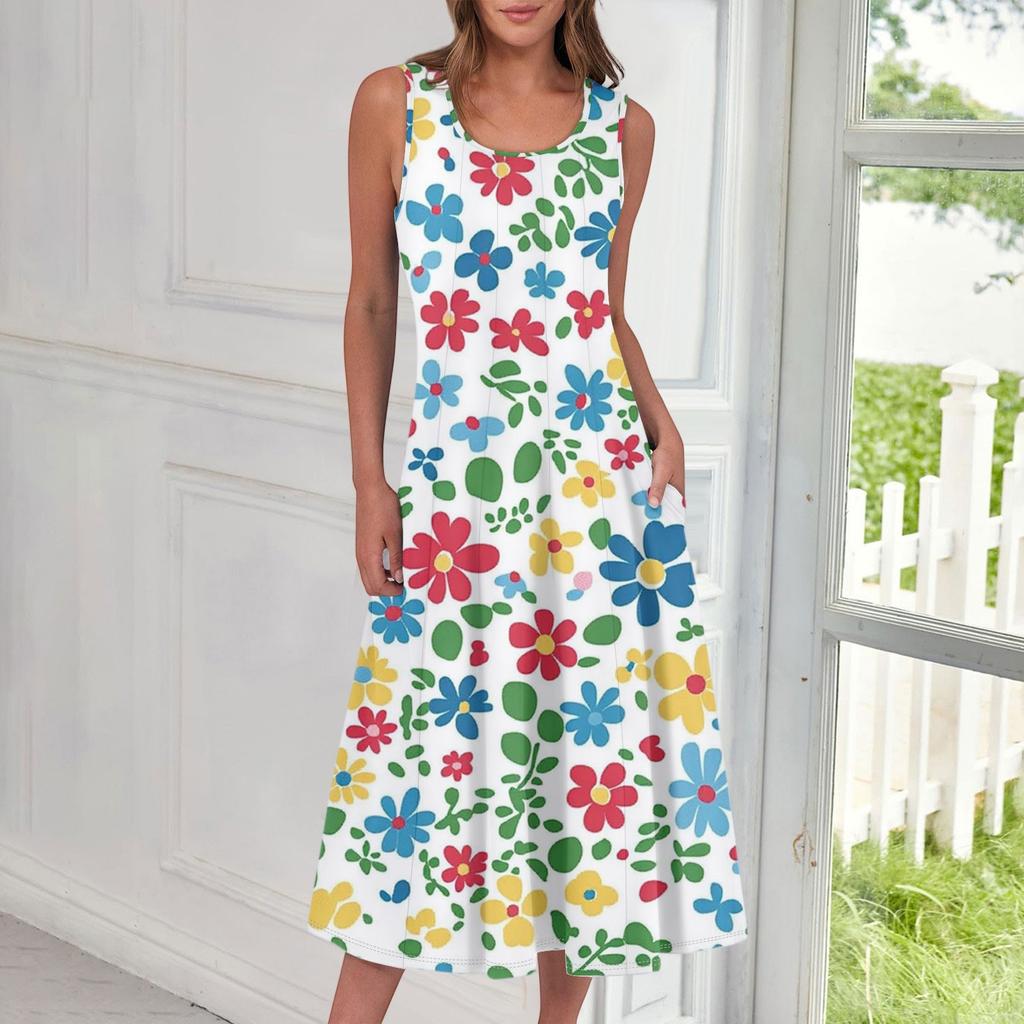 Women's Casual Fashion Floral Print Round Neck Sleeveless Midi Dress