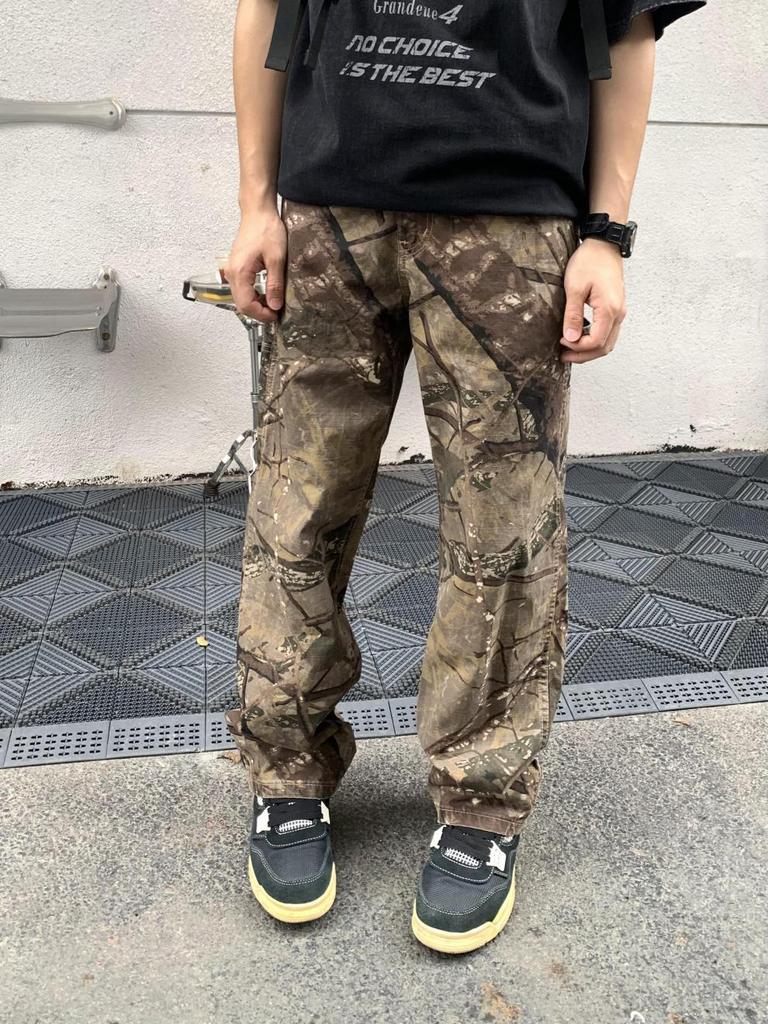 Unisex Retro Camouflage Distressed Work Pants - Straight Leg, Loose-Fit Outdoor Casual Wear