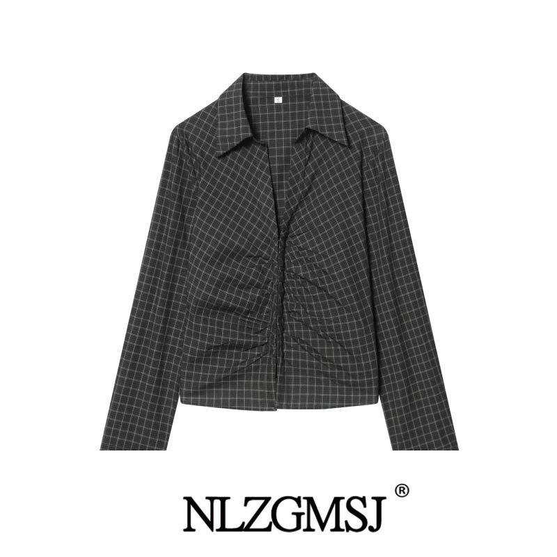 Winter 2025 European Style Slimming Plaid Pleated Top Small