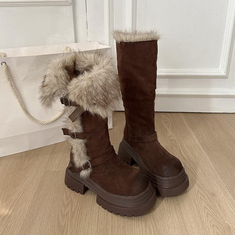 Thick-soled two-wear fluffy snow boots, winter thin Northeast boots, tall and velvet but knee boots