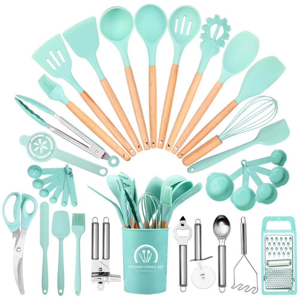 34pcs Premium Silicone Kitchen Utensil Set With Wooden Handles and Knife Heat-Resistant Non-Stick Friendly Cooking