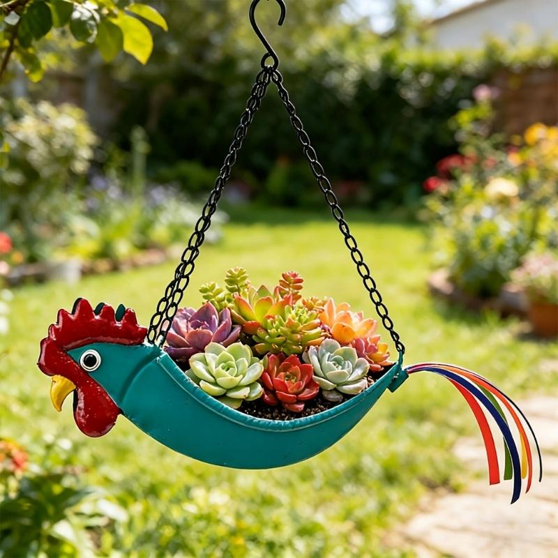 Iron Hanging Flower Pot Colorful Rooster Planter with Wide Planting Container and Chain System for Off-Floor Flower Displays on Patios and Porches