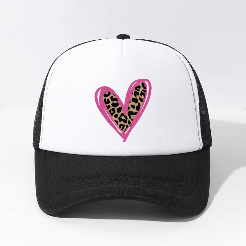 Leopard Heart Print Trucker Hat Pink Outline Mesh Baseball Cap Unisex Outdoor Casual