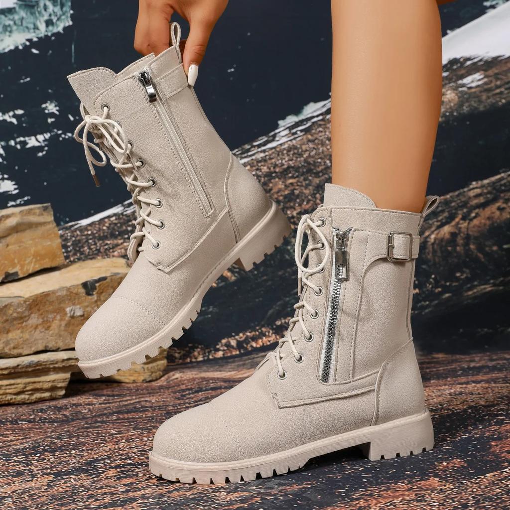 Mid-Calf Women Boots  Autumn/Winter Round-Toe Fashion Belt Buckle Black Side Zipper Fashion Botas Retro Women Shoes Platform