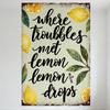 Vintage Distressed Light Green Metal Tin Sign 'Where Troubles Met Lemon Lemon Drops' with Lemons & Leaves for Kitchen Home Decor