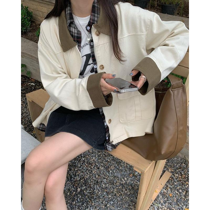 New Spring and Autumn Retro Splicing Korean Style Loose Jacket Women's Long Sleeve Top