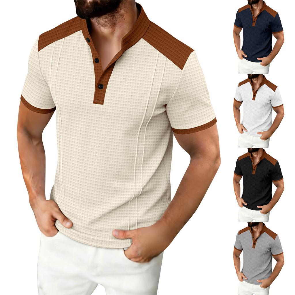 Men's Color Blocked Stand Up Collar Single Breasted Shirt Men's Casual And Comfortable Short Sleeved Shirt