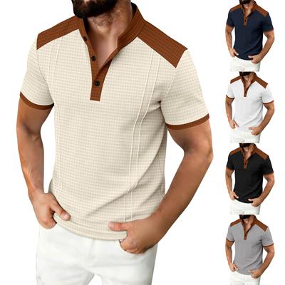 Men's Color Blocked Stand Up Collar Single Breasted Shirt  Men's Casual And Comfortable Short Sleeved Shirt