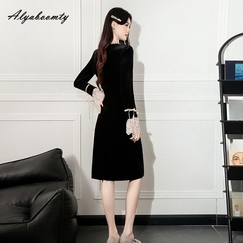 French Style Autumn Winter Women Black Velvet Dress Ruffled Collar Lace Patchwork Sweet Dress Elegant Feminine A-Line Ladies' Dresses