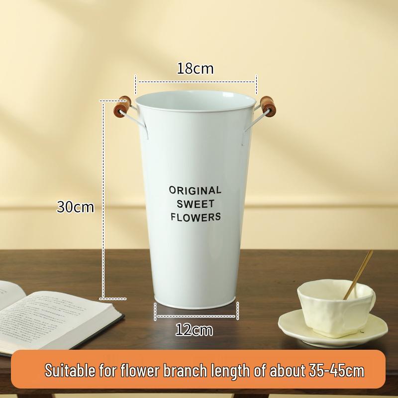 White Tin Flower Bucket for Fresh Blooms - Large Iron Vase for Flower Arranging & Deep Water Care