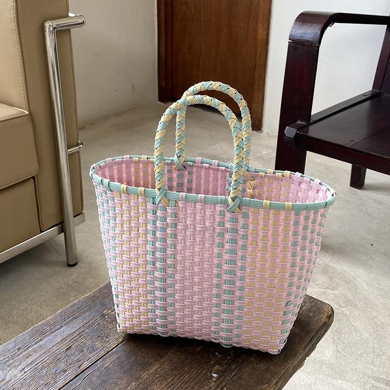Vegetable Basket Summer Fashion PVC Handbag Hand Woven Bag Patchwork Striped Tote Beach Bags Purses and Handbags
