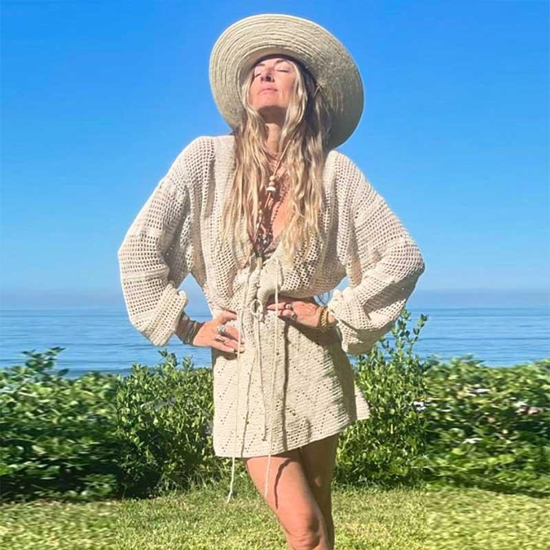 EDOLYNSA Sexy Deep V-neck Lace-up Bell Sleeve Knit Mesh Hollow Out Beach Mini Dress 2024 Summer Swimsuit Cover Up Women Casual Tunic K14