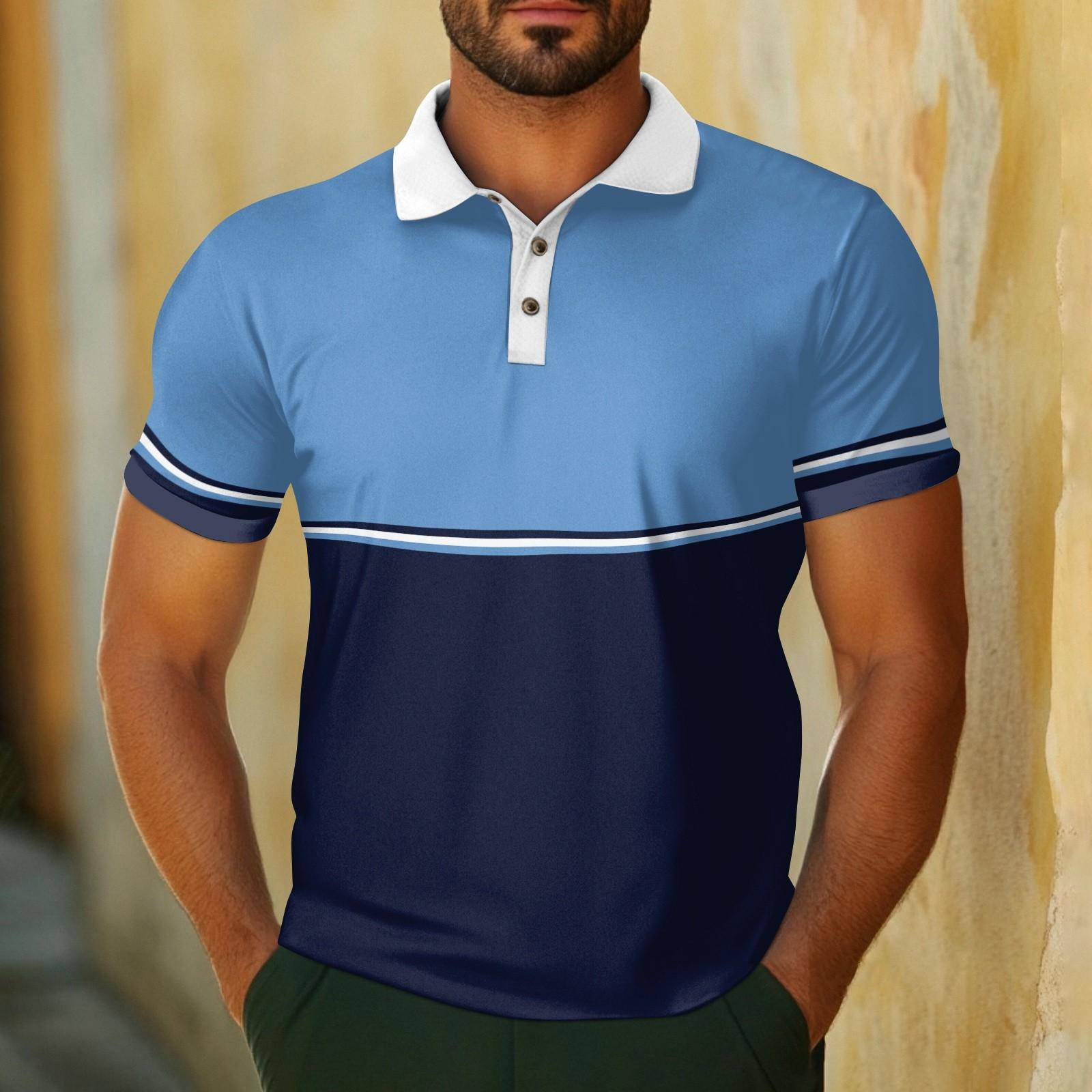 Men s Casual Breathable Short Sleeve Striped Plaid Printed  Shirt XXL синий