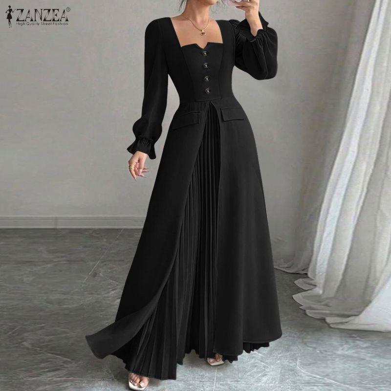 ZANZEA Women Casual Square Collar Long Sleeve Elegant Long Dress