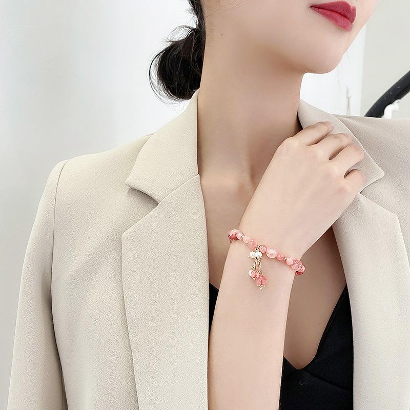 Korean Pink Crystal Stone Bracelet For Women Energy Beads Strand Bangles Female Prayer Blessing Health Wristband Jewelry Gift