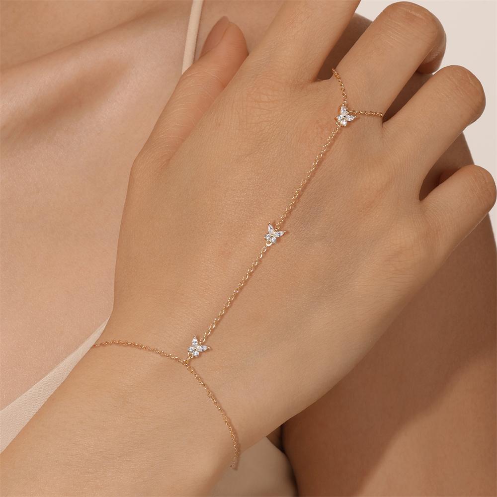 Canner Copper Butterfly Cz Finger Bracelet Ring Chain For Women Ins Eight-Pointed Star Hand Ring Chain Bracelets