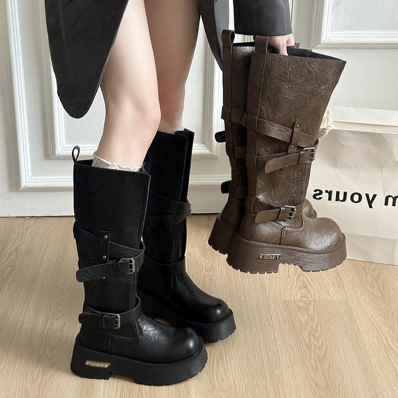 Maillard 2025 New Knee Boots Women's Autumn Temperament Super Fire Retro Versatile Belt Buckle Boots