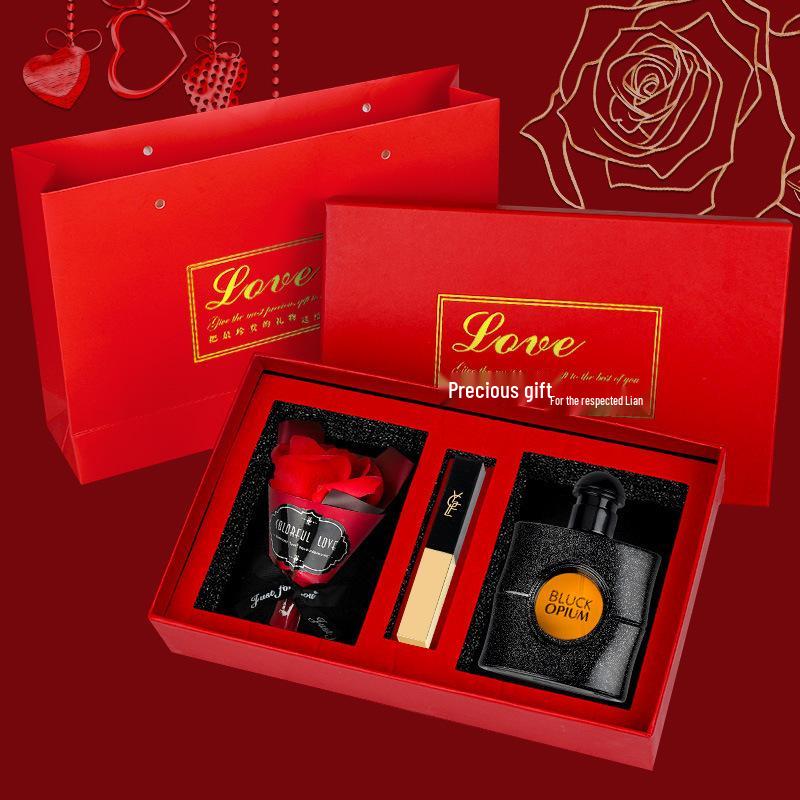 Qixi Valentine's Perfume & Lipstick Set: Rose, Black Opium, Libre - Gift for Girlfriend or Bestie