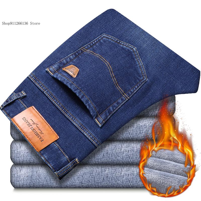 Zimní pánské černé a modré business casual teplé a přiléhavé elastické plyšové džínové kalhoty