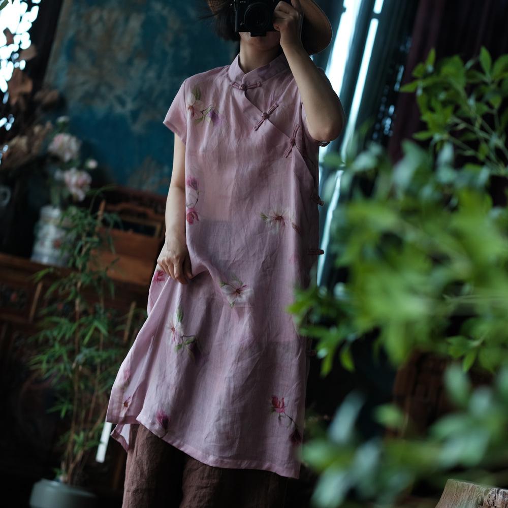 

Johnature Women Vintage Print Floral Dress Stand Short Sleeve Summer Button A-Line Chinese Style Dress