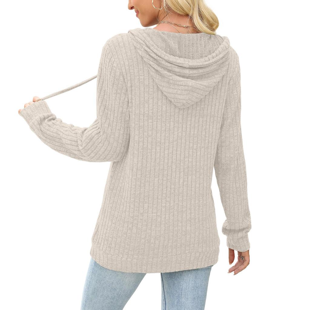 Women's Fashion Long Sleeve Solid Color Casual Ribbed Button Hoodie Top