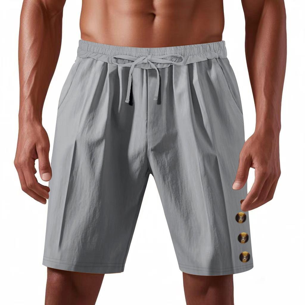 Men's Elastic Waist Shorts for Summer Wear Loose Linen Beach Casual Solid Color Five-point American Shorts